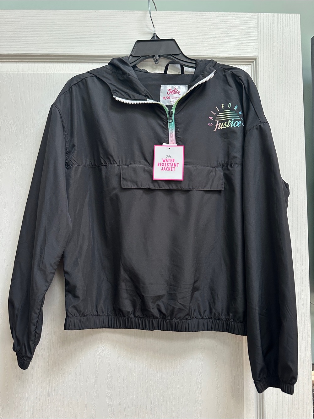 Justice Black Jacket with Pink Logo and Light Green Zipper Trim